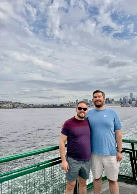 Zack and Mason taking the ferry from Seattle to Bainbridge Island.